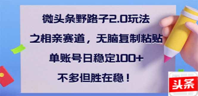 （14334期）微头条野路子2.0玩法之相亲赛道，无脑搬砖复制粘贴，单账号日稳定300+…-北向
